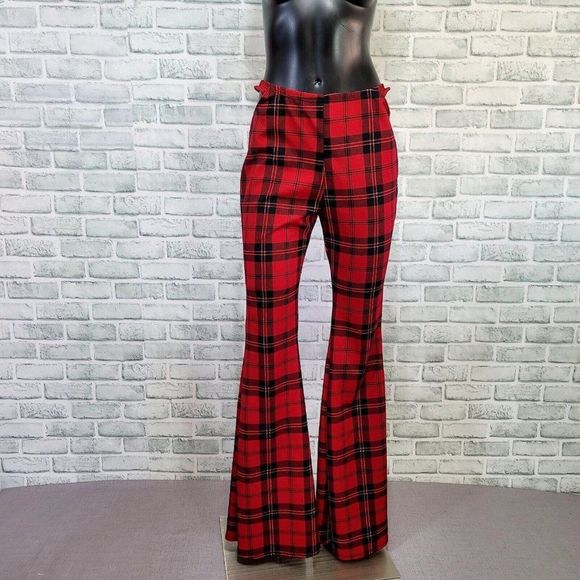 Just Polly Womens L Red Buffalo Plaid Cutout Hip Flare Leg Trendy Pants - Picture 1 of 8